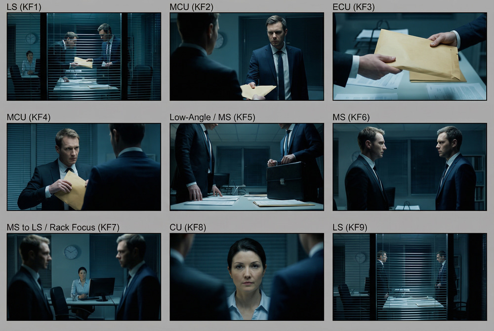AI storyboard example with nine cinematic panels of an office handover scene, each panel labeled with a shot type such as LS, MCU and ECU