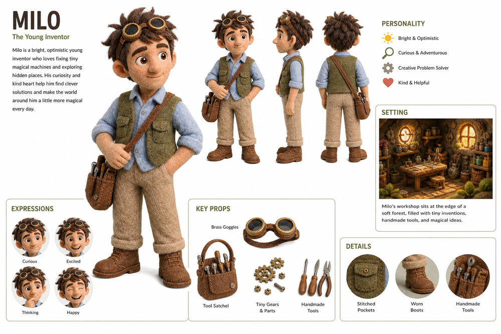AI character sheet for Milo, a felt-style young inventor, showing front, side and back views, four expressions, key props and his workshop setting
