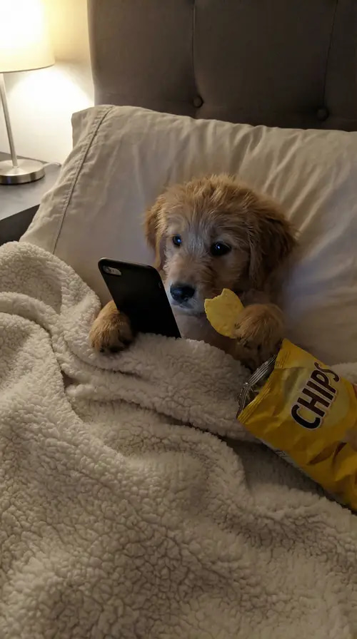 AI-generated photo of a golden retriever puppy in bed holding a phone and a potato chip, used as the start frame of an AI pet video