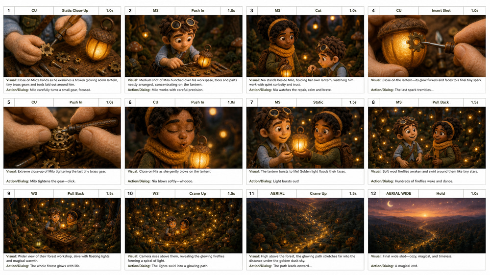 Twelve-panel AI storyboard for a felt-style animated short, where every panel lists the shot number, shot type, camera move, duration, visual description and action