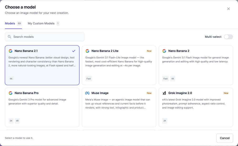 Choose a model window in the AI Image Generator with a model search box, the Multi-select switch and cards for Nano Banana 2.1, Nano Banana Pro, Muse Image and Grok Imagine 2.0