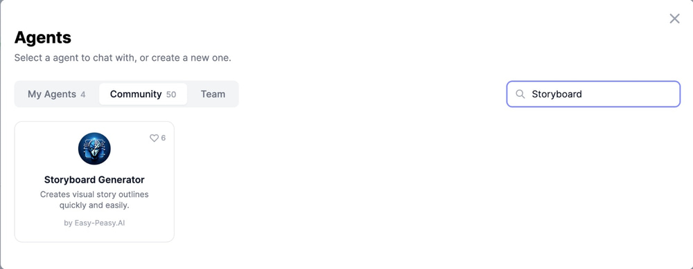 Agents window in Marky Agent on the Community tab, searched for storyboard, showing the Storyboard Generator agent