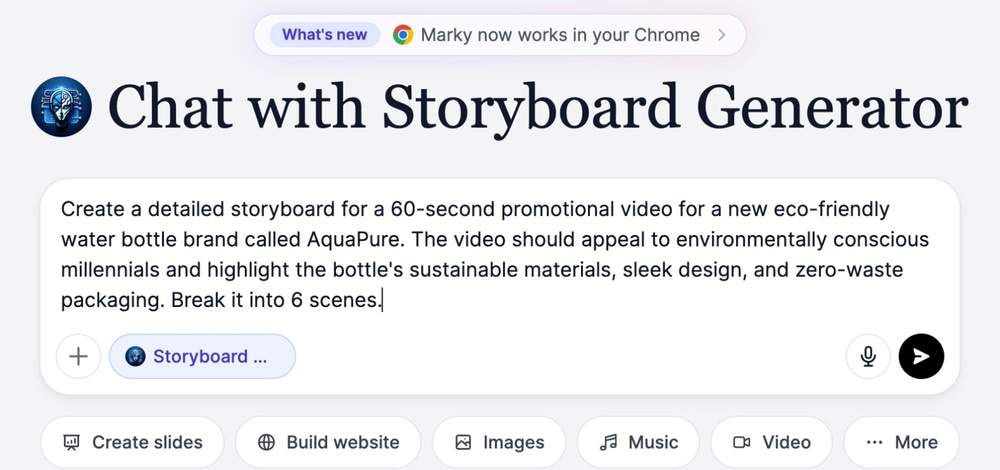 Storyboard Generator selected in Marky Agent with a prompt for a 60-second AquaPure water bottle storyboard typed in the message box