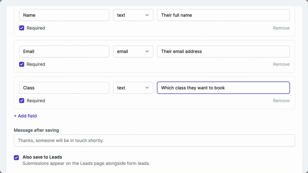 Collect Data fields for name, email, class and day and time in an AI voice agent booking action