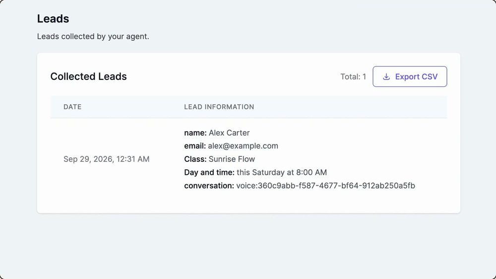 Leads page showing a class booking collected by the AI voice agent during a call