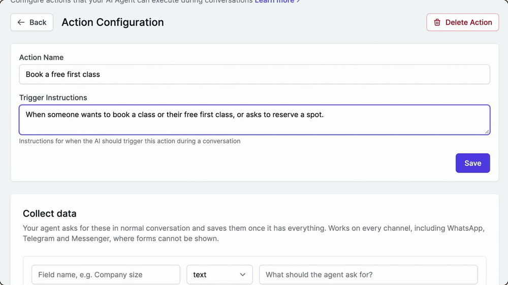 Collect Data action with a name and trigger instructions so the AI voice agent can take class bookings