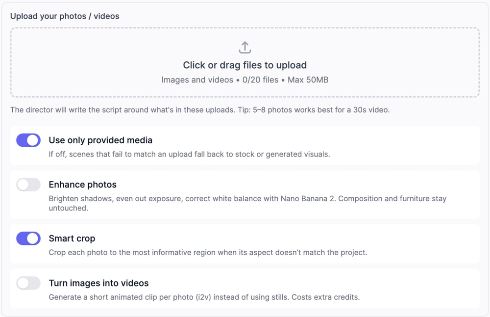 Your own media panel in the Video Agent, where you upload storyboard panels and turn on Use only provided media