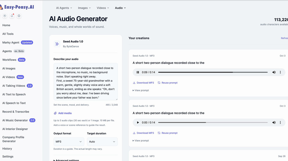 AI Audio Generator making a two-voice cast clip for an AI short film