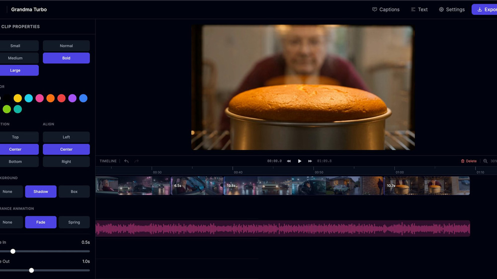 AI Video Editor timeline with Seedance 2.5 takes, the music track and the film title