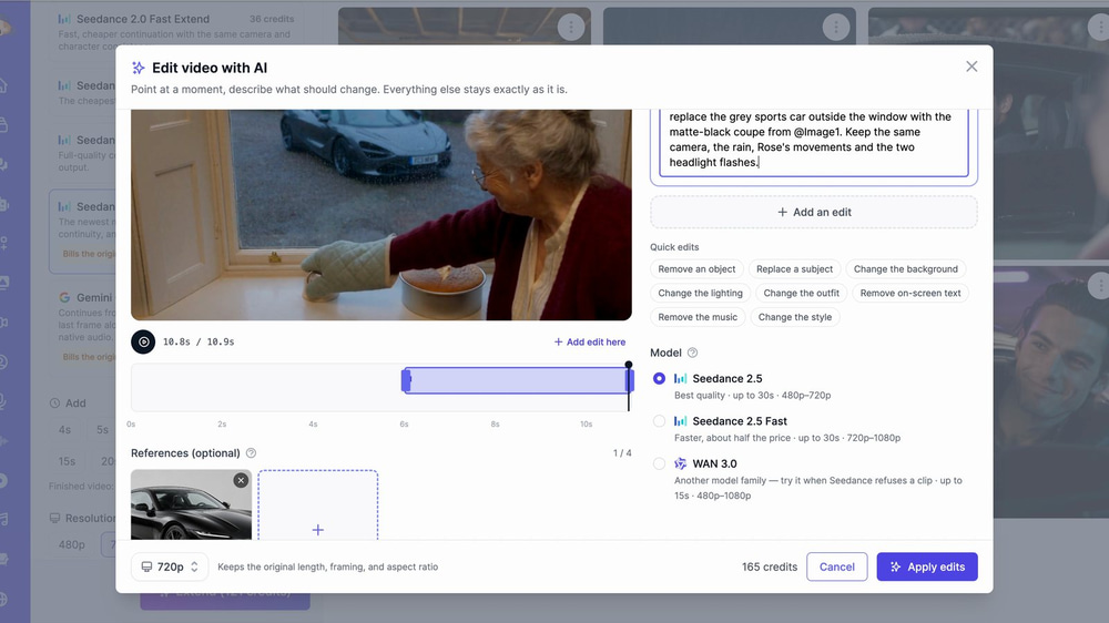 Edit with AI replacing a car between 6 and 11 seconds of an AI video, using a reference image