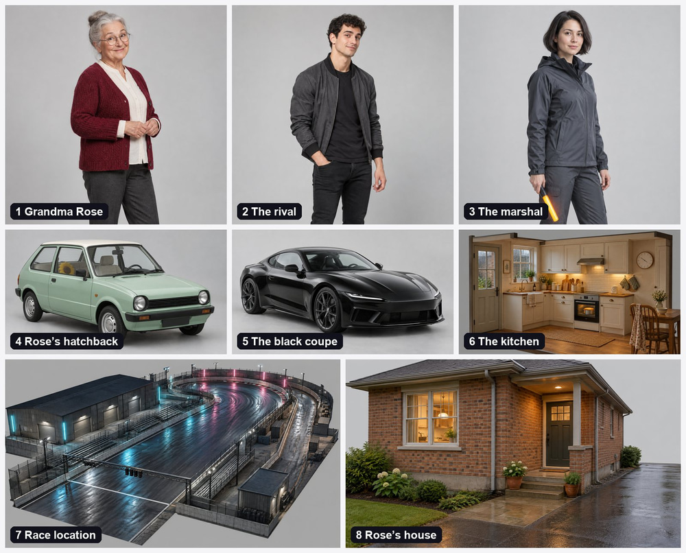 Eight AI-generated reference images for a Seedance 2.5 short film: grandmother, young rival, race marshal, mint hatchback, black coupe, kitchen, race course and house