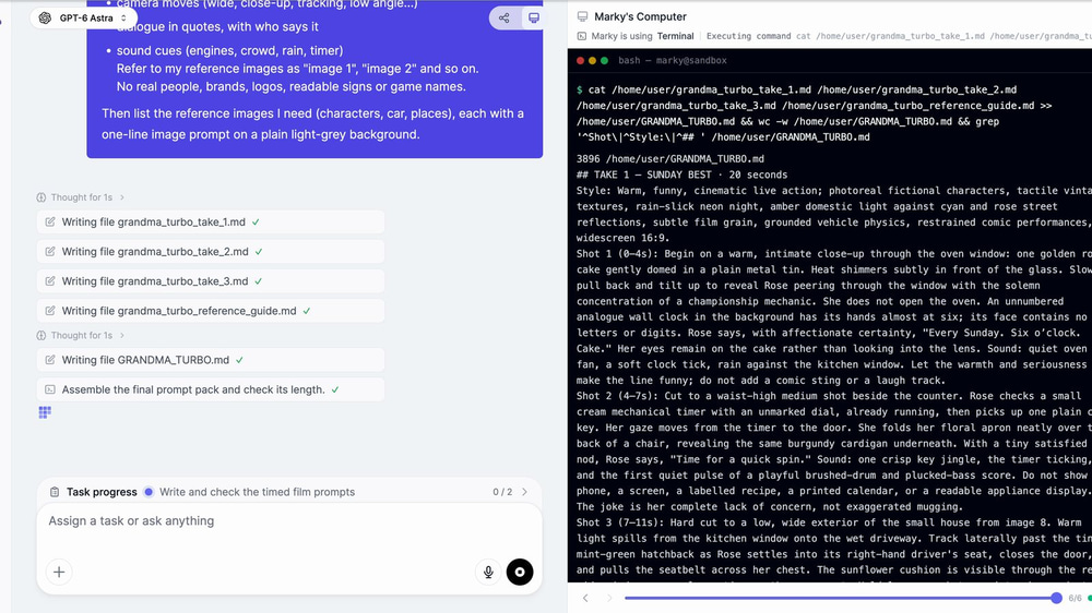 Marky AI agent writing the script and Seedance 2.5 prompts for an AI short film, with the take files open in the side panel