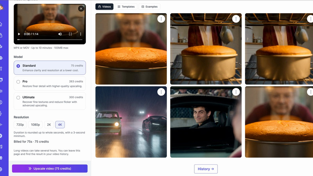 Video Upscaler set to 4K with the Standard model, billed 75 credits for a 75-second AI short film