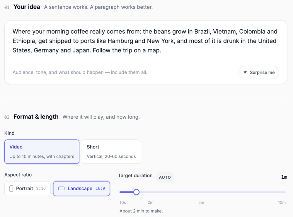 Video Agent form with the coffee explainer prompt in Your idea, Kind set to Video, Landscape 16:9 and a one minute target duration