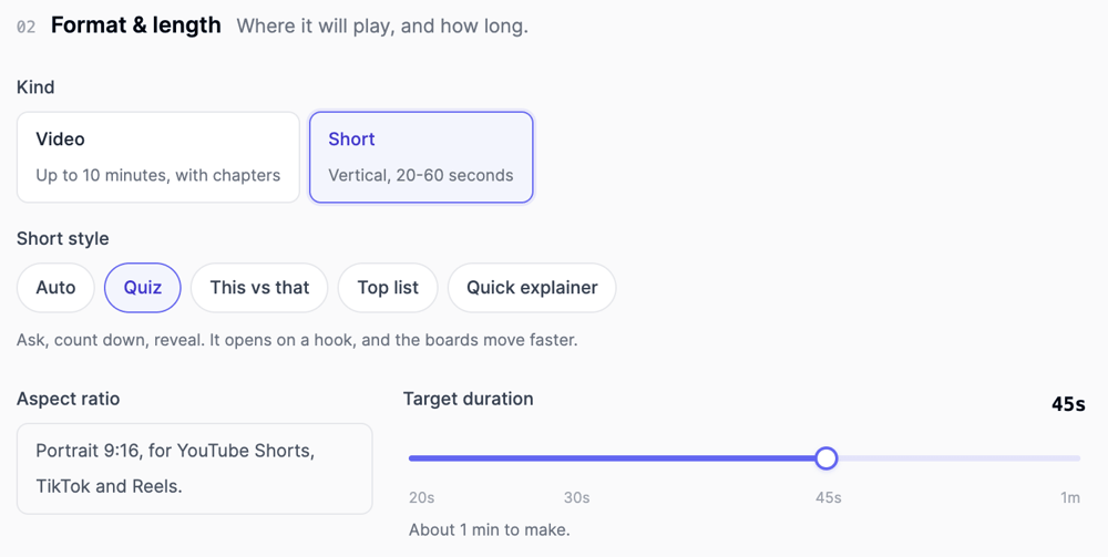 Explainer Short settings with Kind set to Short, the Quiz short style selected, a portrait 9:16 note and a 45 second duration