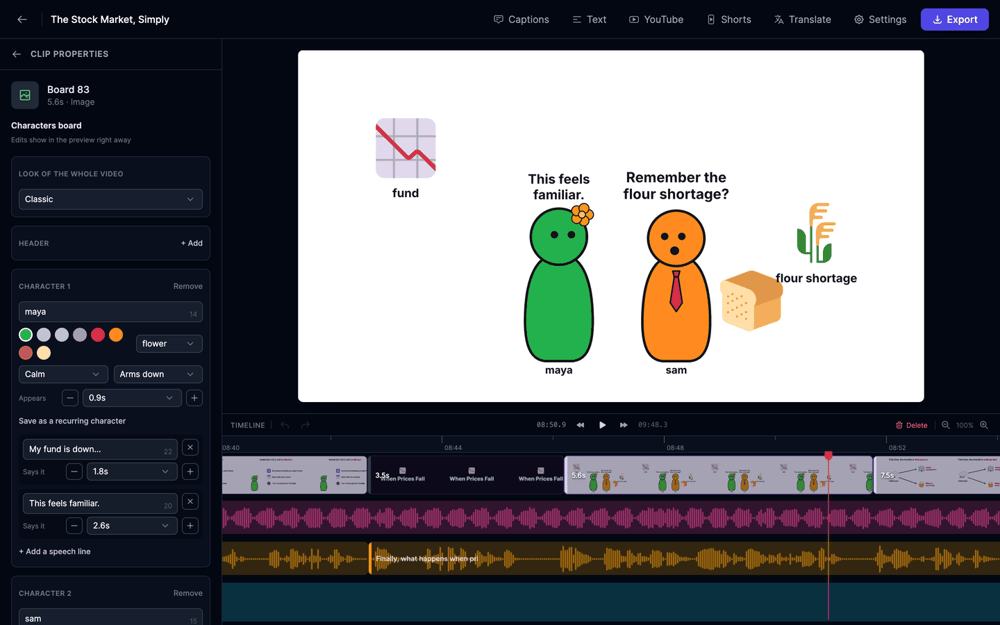 AI Video Editor with a characters board selected: the left panel shows the look of the whole video, two characters with name, colour, accessory, mood, pose and speech lines, and the preview shows the board
