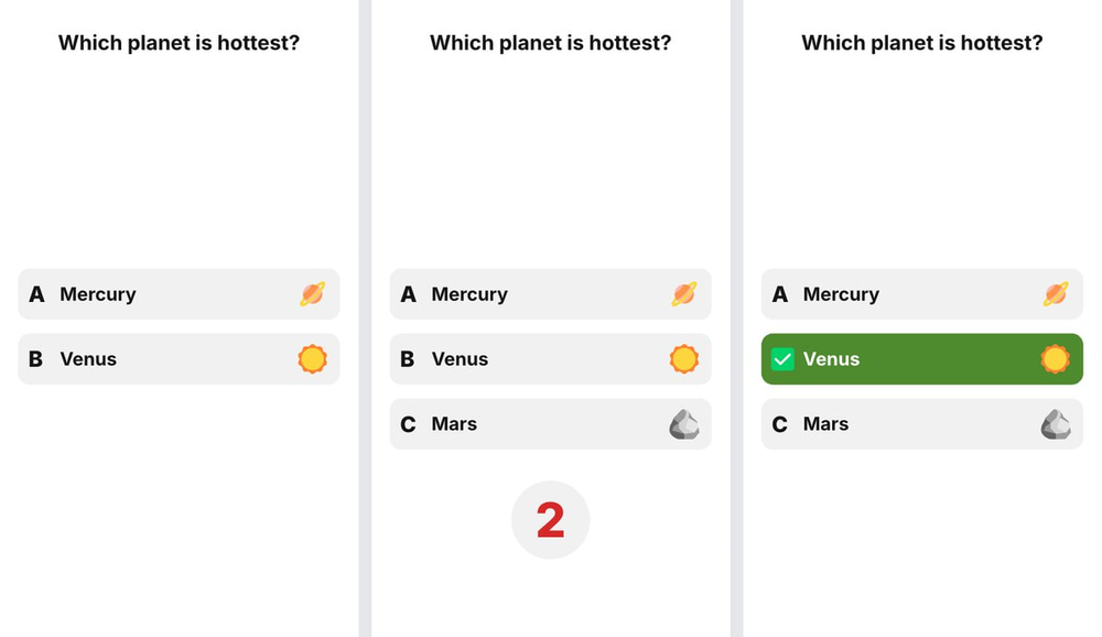 Quiz board from an AI explainer Short asking which planet is hottest: the answer options appear, a countdown runs, and Venus turns green as the right answer