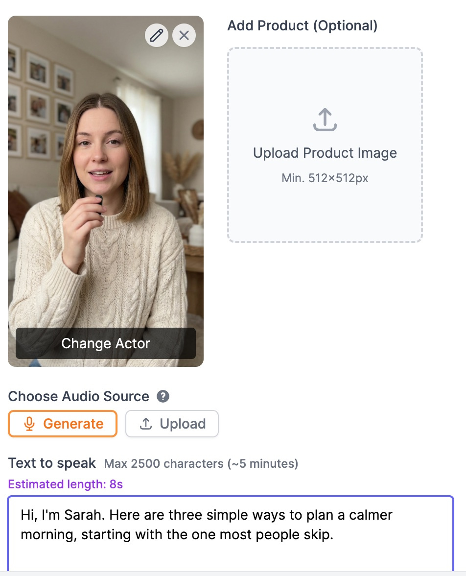 AI Talking Video Generator for a talking head video, with an AI actor selected, the Add Product box, Generate chosen as the audio source and a short script typed in