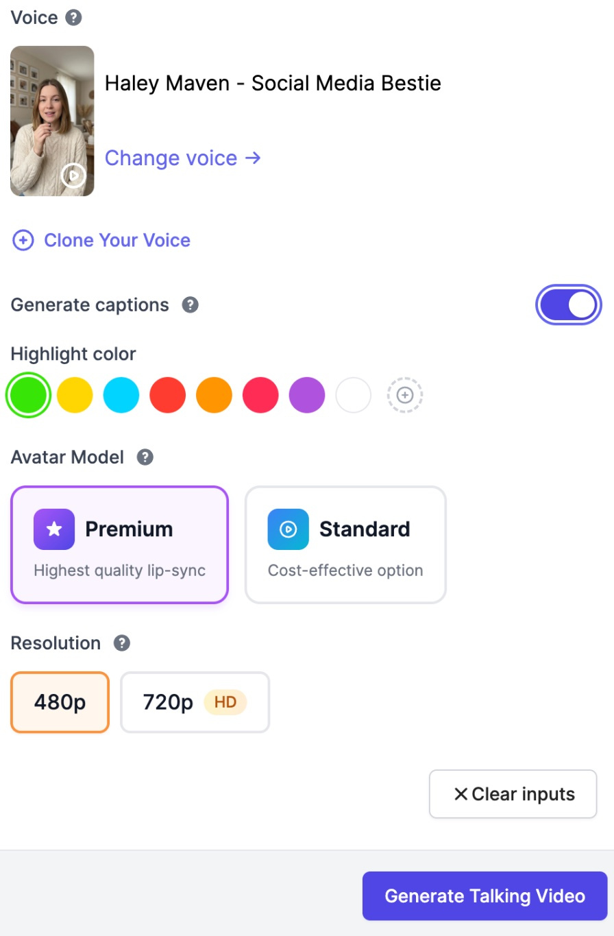 Lower half of the AI Talking Video Generator: voice, Clone Your Voice, Generate captions with highlight colors, Premium and Standard avatar models and 480p or 720p resolution