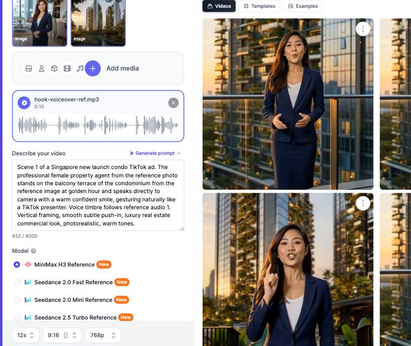 MiniMax H3 Reference setup in the Video Generator with a presenter photo, a building photo, a voice clip and a prompt for a talking head scene