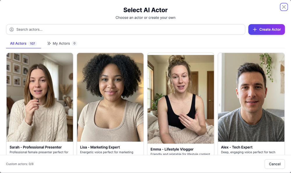 Select AI Actor window with a search box, the Create Actor button, the All Actors and My Actors tabs and four AI presenters for a talking head video