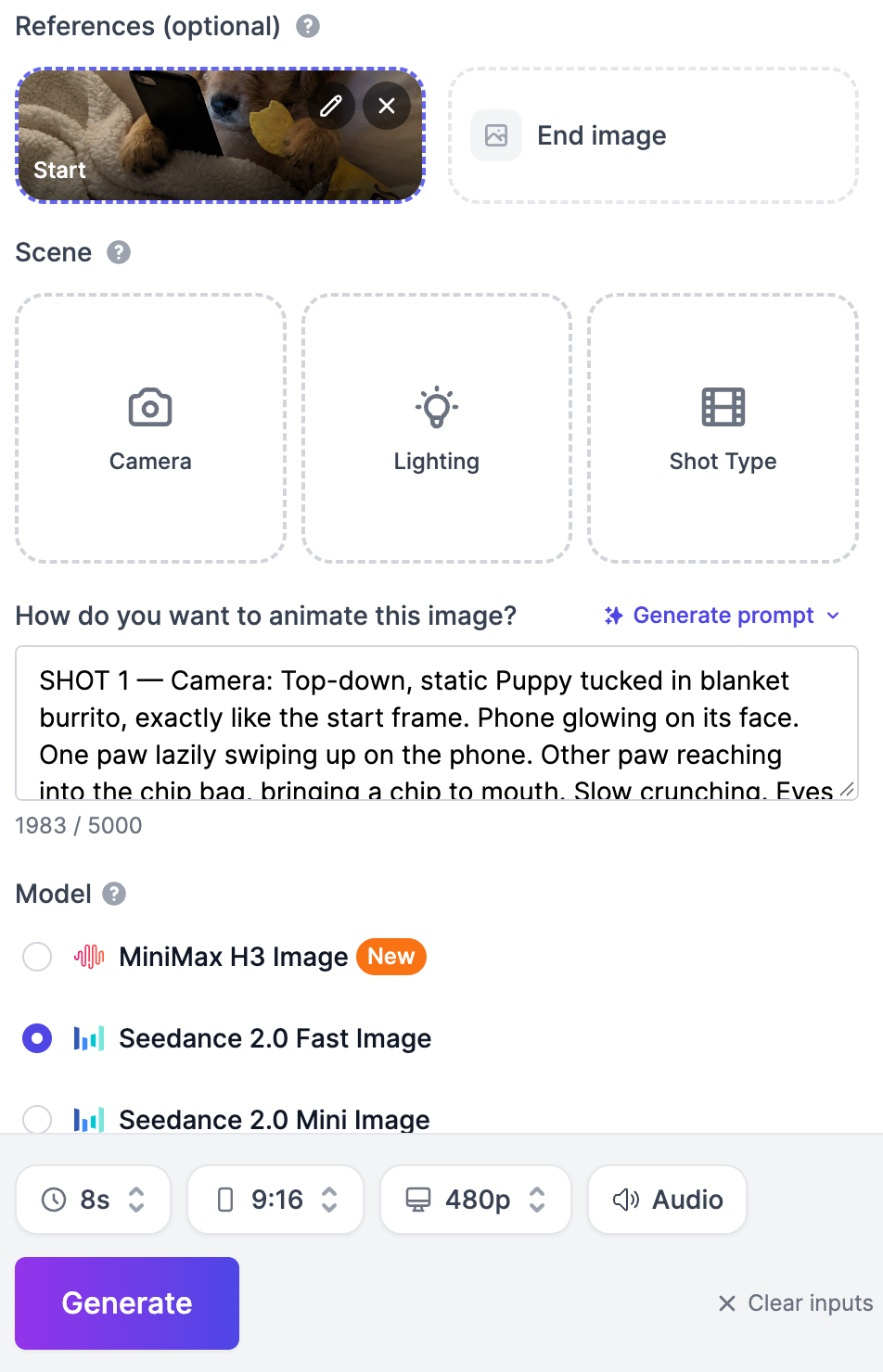 AI Video Generator with the puppy picture as the Start image, a shot-by-shot prompt, Seedance 2.0 Fast Image selected and 8 seconds, 9:16 and audio set