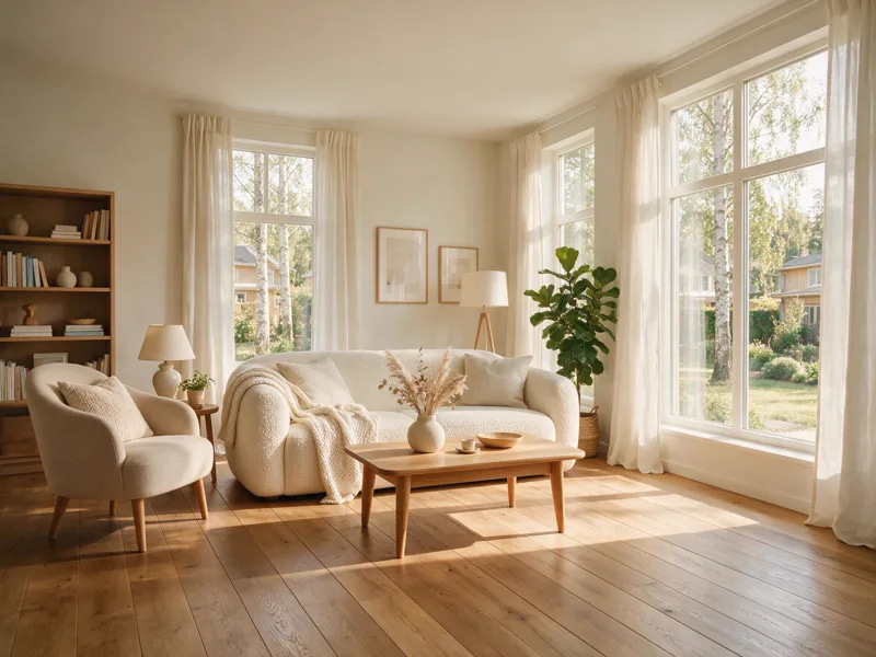 AI-generated interior design photo of a bright Scandinavian living room with oak floors, a cream boucle sofa and tall windows