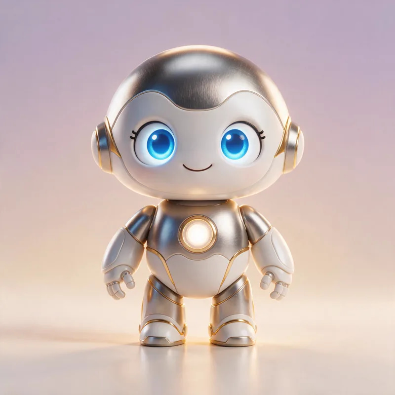 AI-generated 3D render of a cute silver and white robot with big glowing blue eyes on a soft pink studio background