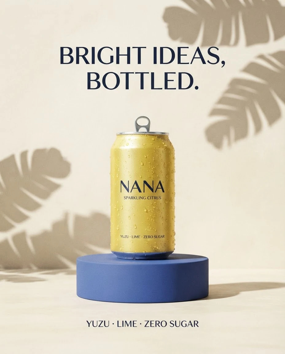 Nano Banana 2 Lite output for the NANA poster prompt: an open yellow NANA can with small extra text on a blue pedestal in front of banana-leaf shadows