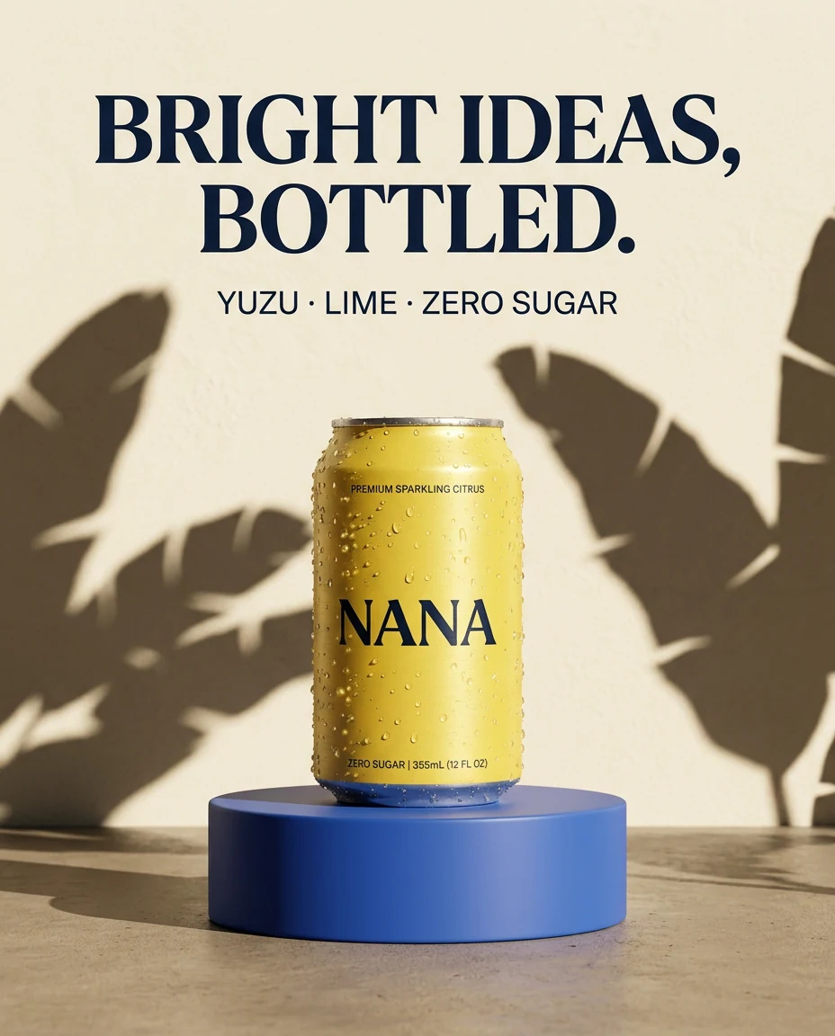 Nano Banana 2 output for the NANA poster prompt: a yellow NANA can on a blue pedestal with the flavor line under the headline and small package text on the can