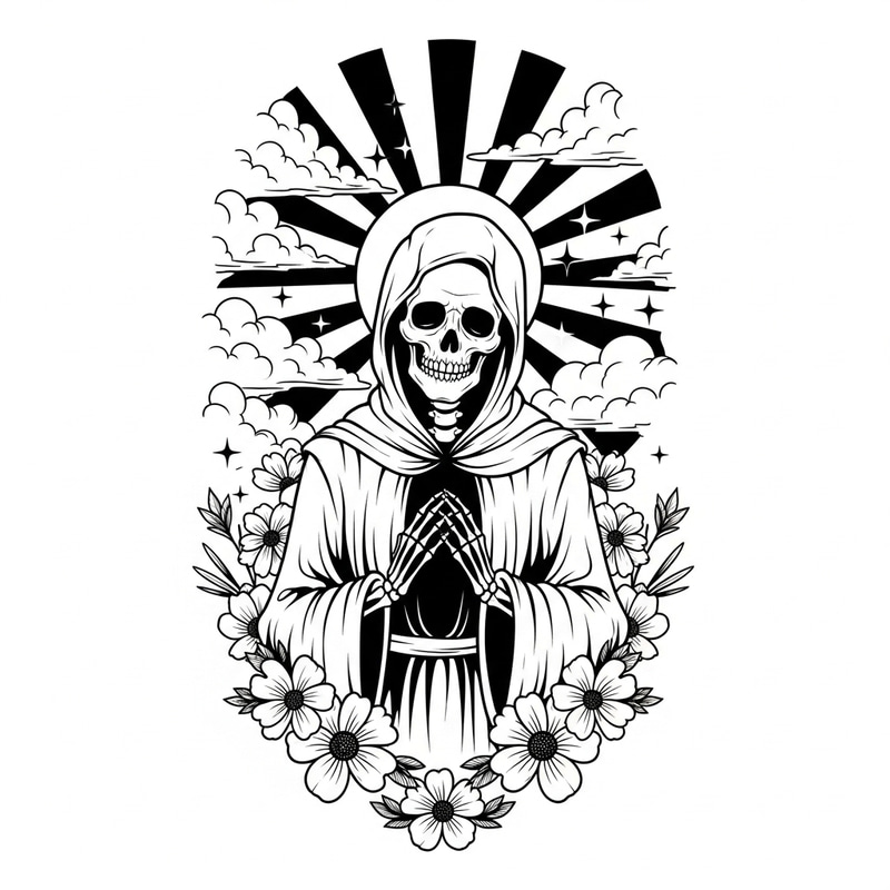 Black and White Death Tattoo Stencil - Symbolizing Happiness and Peace Afterlife