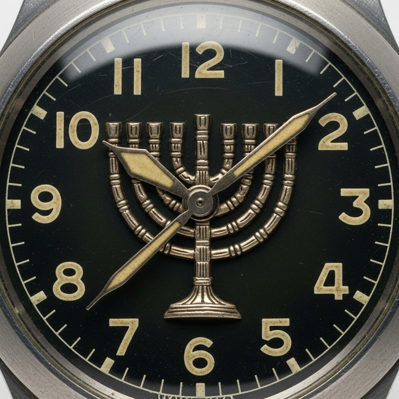 Vintage Military Watch Face with Menorah Symbol - Forward Facing Image Vintage Military Watch Face with Menorah Symbol - Forward Facing Image