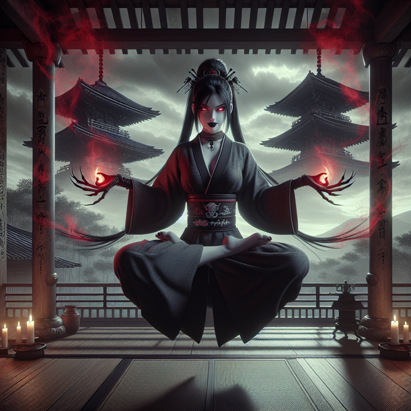 Powerful Cosmic Deity: Japanese Woman in Lotus Pose Levitating with Hellfire