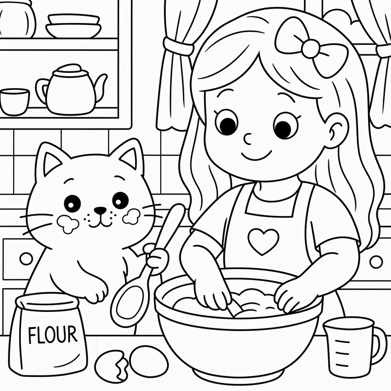 Cute Cat Baking Coloring Page for Kids Cute Cat Baking Coloring Page for Kids