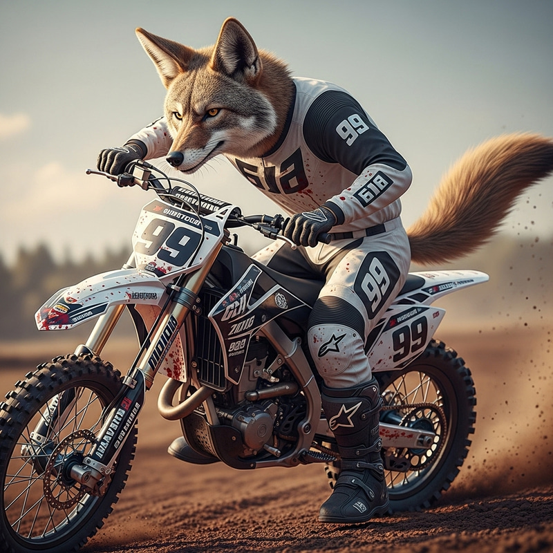 Ferocious Coyote in Black and White Motocross Gear Ferocious Coyote in Black and White Motocross Gear
