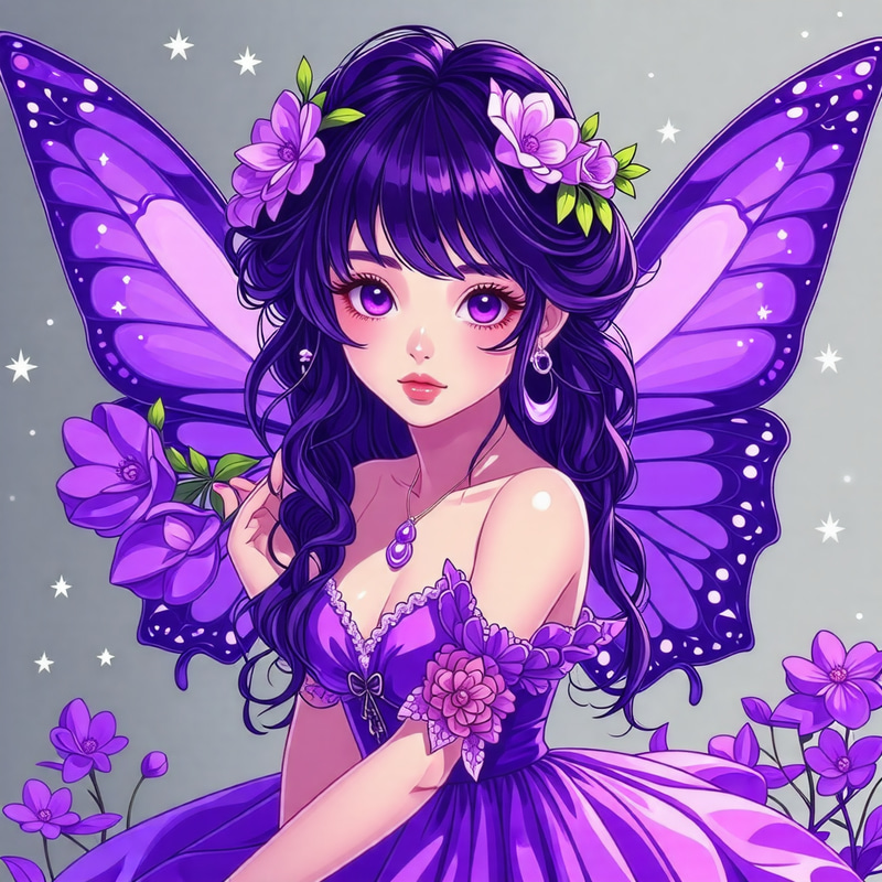 Purple Anime Fairy Girl in Floral Fashion Purple Anime Fairy Girl in Floral Fashion