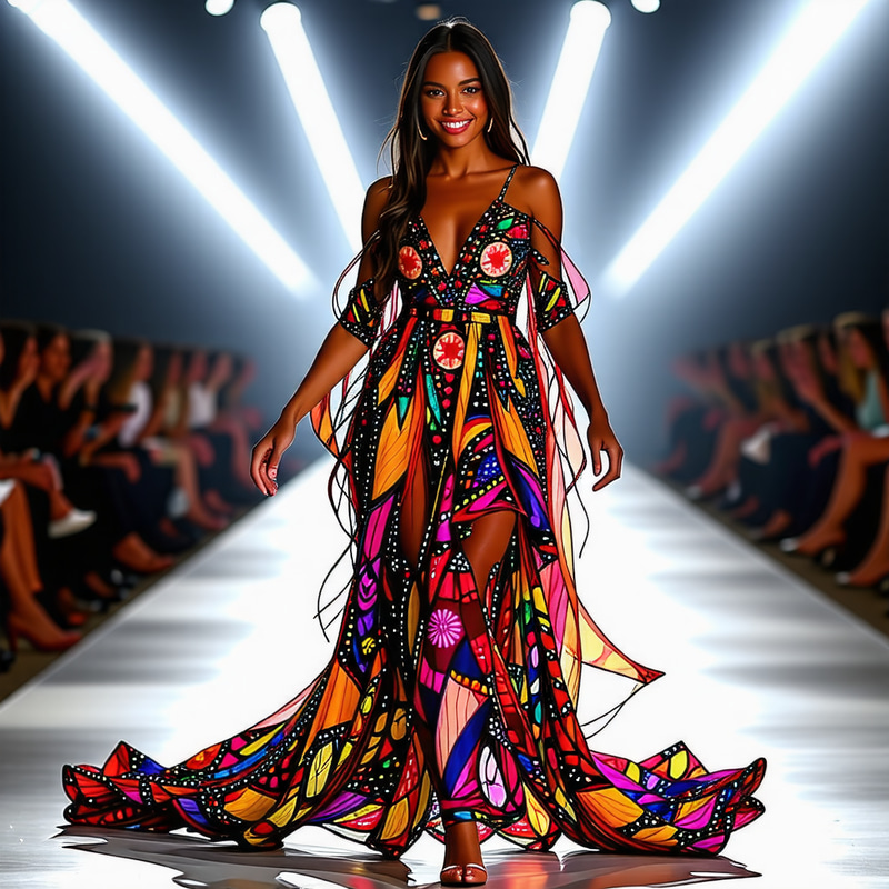 High Fashion Model on Runway: Vibrant Dress Showcase