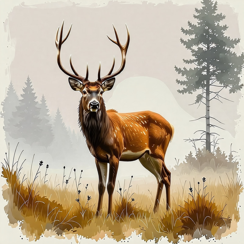 Majestic Stag in Misty Glade - Ethereal Landscape Art Majestic Stag in Misty Glade - Ethereal Landscape Art