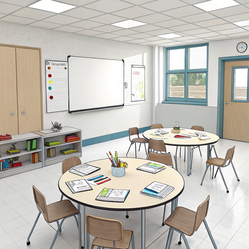 Stylish Classroom Design with 10 Tables and Chairs Stylish Classroom Design with 10 Tables and Chairs