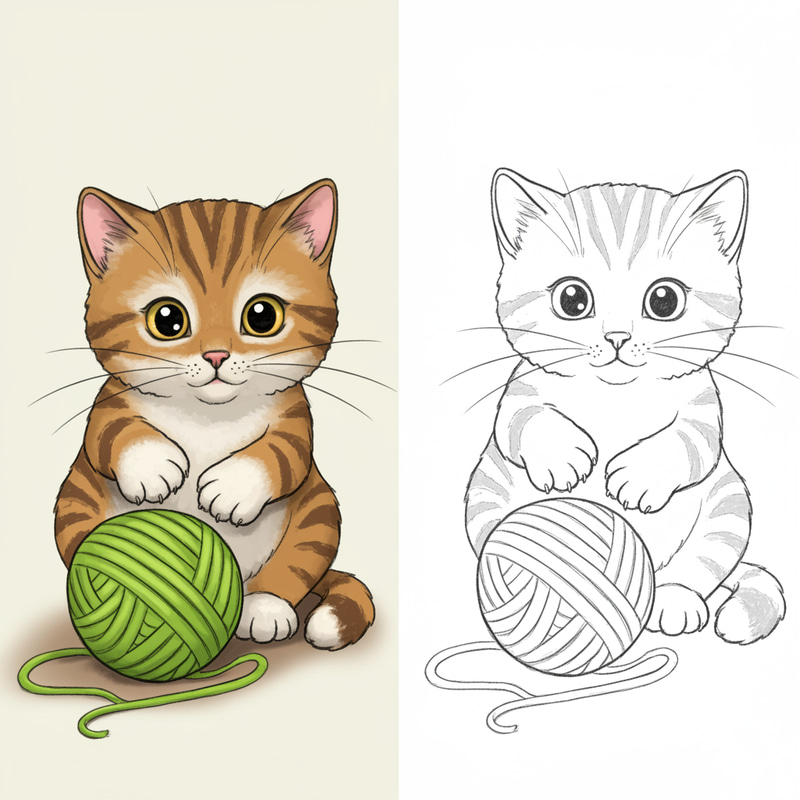Playful Kitten Illustration - Color and Outline Playful Kitten Illustration - Color and Outline