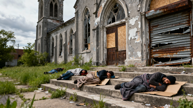 Neglected Church with Homeless Sleepers