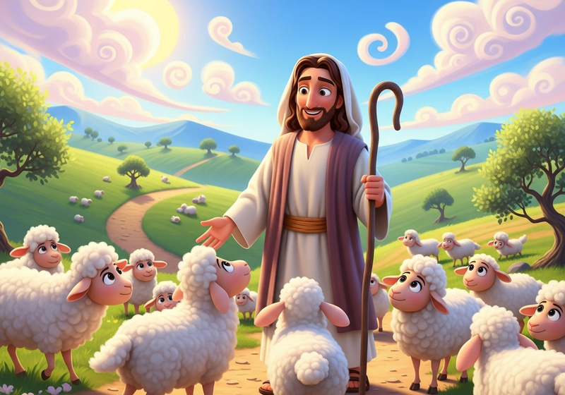 Disney Pixar Style Cartoon Jesus with Sheep