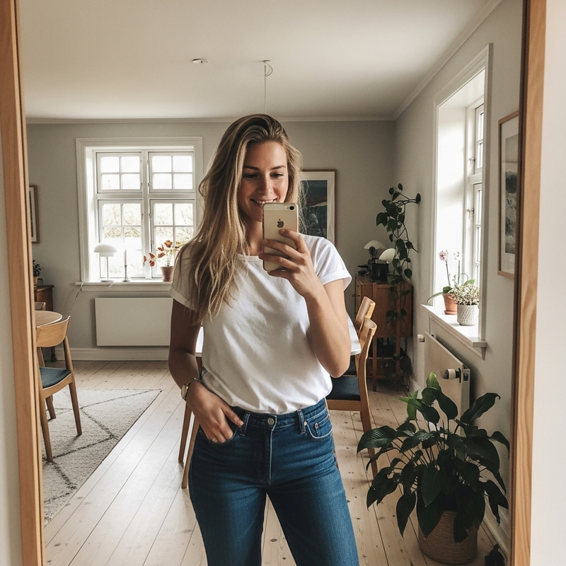 Skinny Blonde Women Selfie in Danish Room