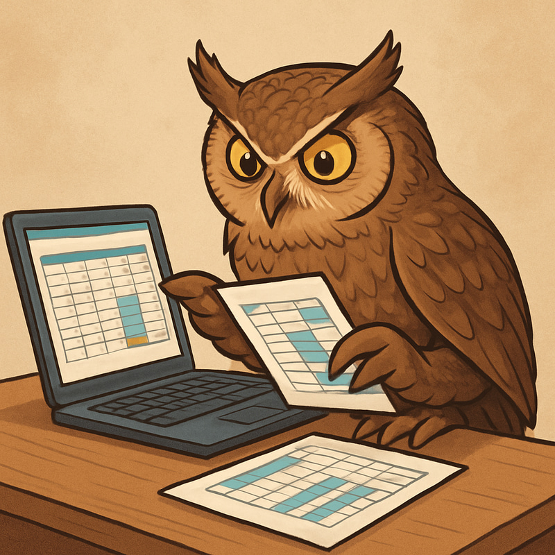 Owl Working on Computer Analyzing Spreadsheets Owl Working on Computer Analyzing Spreadsheets
