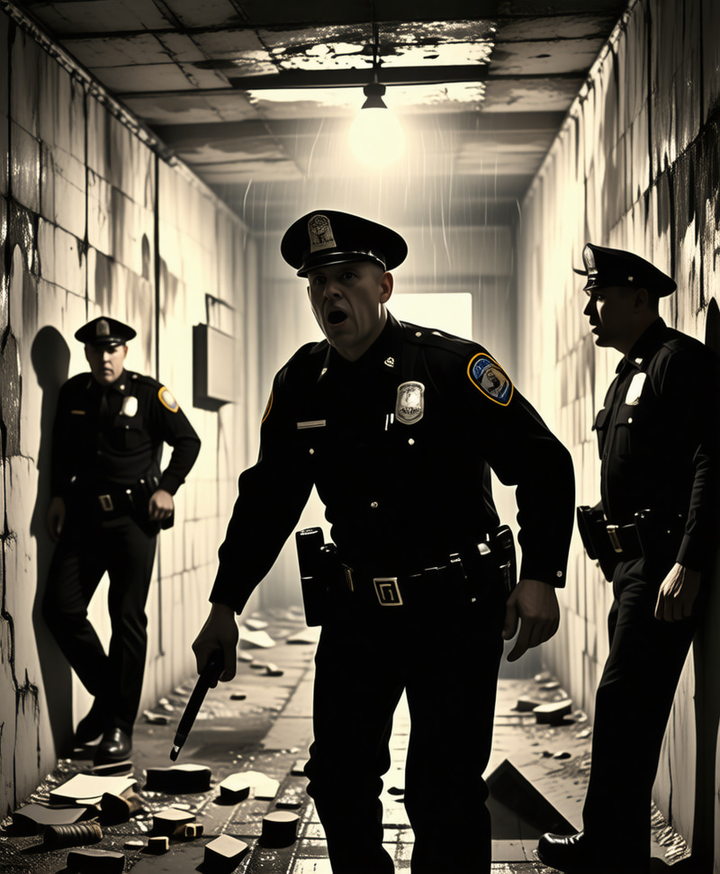 Police Search in Dimly Lit Cellar: A Film Noir Scene Police Search in Dimly Lit Cellar: A Film Noir Scene