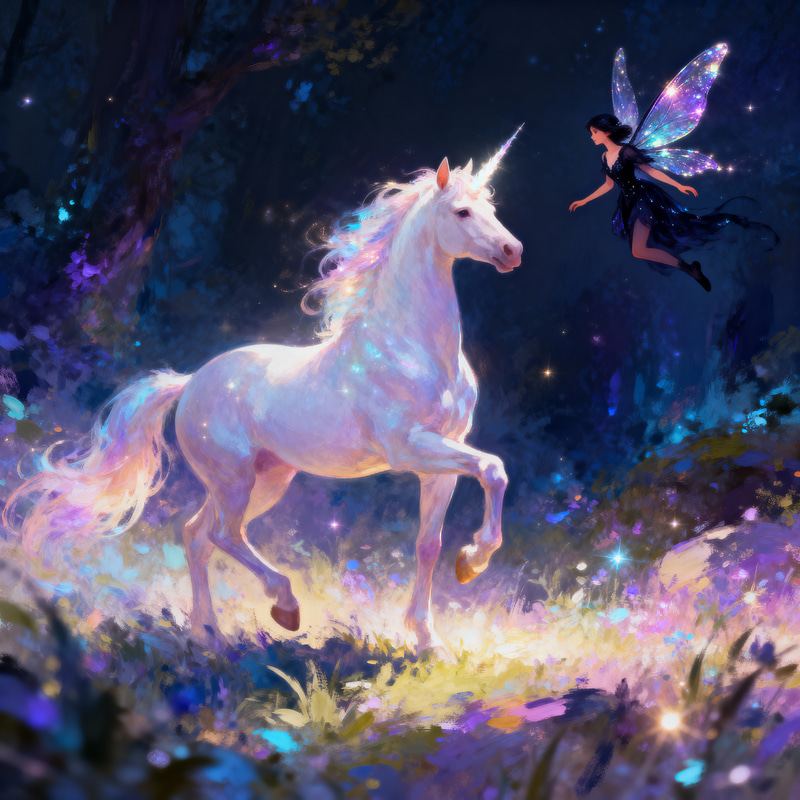 Enchanting Unicorn and Dark Fairy Art Scene Enchanting Unicorn and Dark Fairy Art Scene