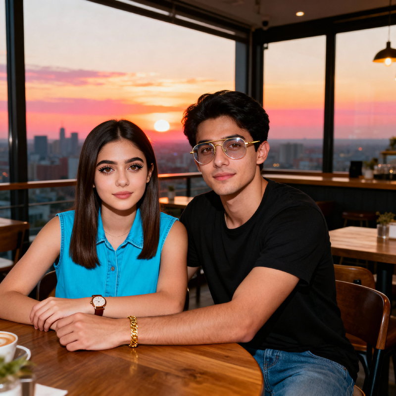 Romantic Sunset Café Scene with Two Young Lovers