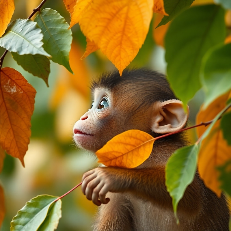 Amazed Baby Monkey & Colorful Leaves Amazed Baby Monkey & Colorful Leaves