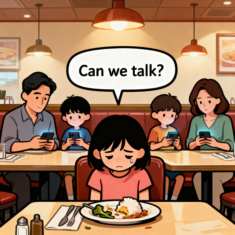 Satirical Cartoon: Child Dining Alone with Family Satirical Cartoon: Child Dining Alone with Family