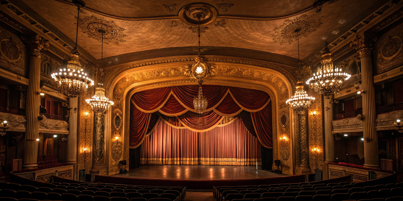 Vintage Theater Stage with Dramatic Golden Light Vintage Theater Stage with Dramatic Golden Light